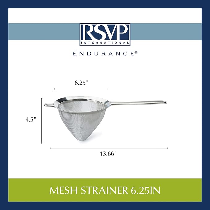 RSVP International Endurance Kitchen Collection, Stainless Steel Fine Mesh Conical Sieve/Colander, Multi-Purpose for Cooking, Baking, Loose Leaf Tea, Bar Strainer Cocktails, 6.25-Inch