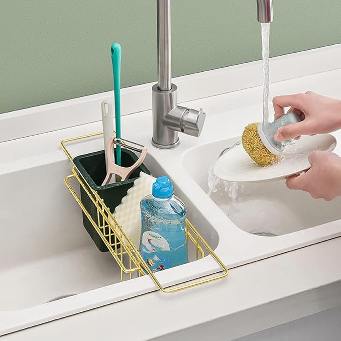Wrought Iron Kitchen Sink Sponge Holder Drain Storage Rack Suitable for Sponge, Brush, Cloth, Cleaning Agent Green