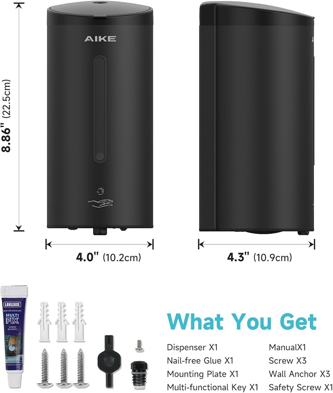 AIKE Automatic Foaming Soap Dispenser 25oz for Bathroom,Matteblack AK1205FA | Rich Foam and Stainless Steel,No-drill and Screw Wall Mount,5-Level Adjustable and Key for Commercial(Batteries Not Included)