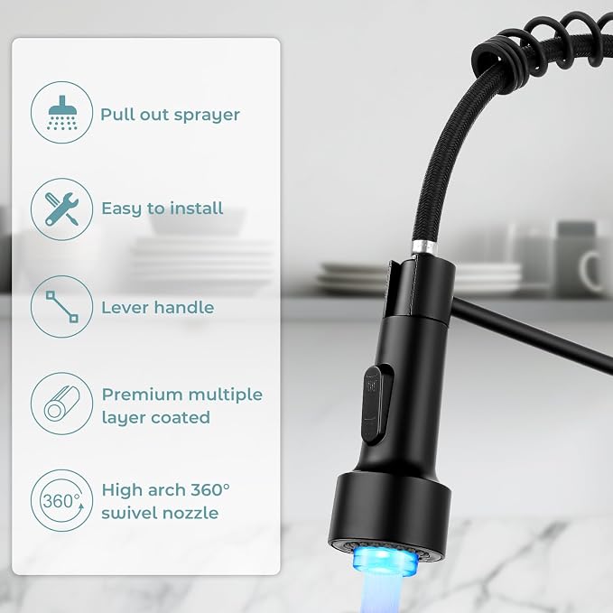 Kitchen Faucet with LED Pull Down Sprayer Matte Black | 2-mode sprayer, 360° high arc spout, 304 SS build, drip-free valve, fingerprint-resistant, DIY install, 500K cycle tested