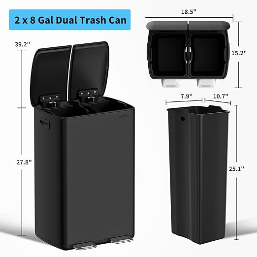 mVm Dual Trash Can, 16 Gal(2x8 Gal) Black Dual Compartment Kitchen Trash Can, Brushed Stainless Steel Garbage Recycling Bin for Home Office
