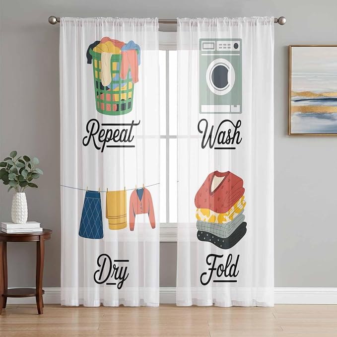 Laundry Room Sheer Curtains 72 Inch Length 2 Panels for Living Room, Wash Repeat Dry Fold Simple Drawn Voile Kitchen Curtain Set, Luxury Privacy Drapes Window Treatment for Bedroom