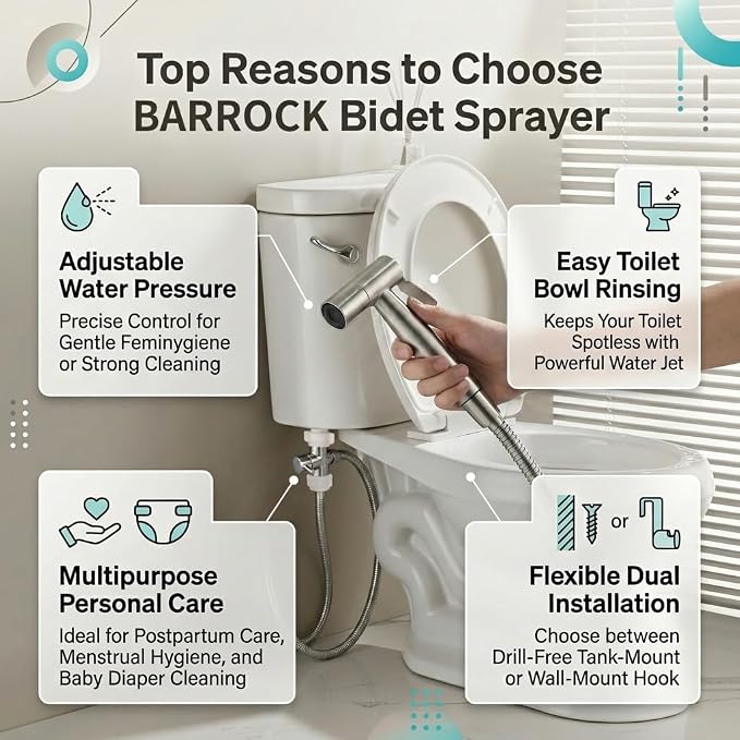 BARROCK Handheld Bidet Sprayer for Toilet, 2 Pack Stainless Steel Metal Made Baby Cloth Diaper Spraying Kit, Bathroom Toilet Bidet Attachment Set for Bathing Pets and Feminine Hygiene, Brushed Nickel
