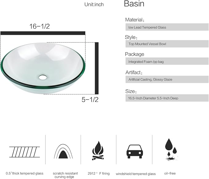 Bathroom Vessel Sink, Tempered Glass Vanity Round Bowl, Clear | Chrome Faucet, Pop Up Drain, Above Counter, Easy Clean