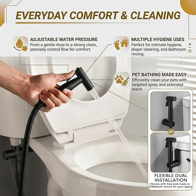 BARROCK Handheld Bidet Sprayer for Toilet, 2 Pack Stainless Steel Metal Made Baby Cloth Diaper Spraying Kit, Bathroom Toilet Bidet Attachment Set for Bathing Pets and Feminine Hygiene, Matte Black