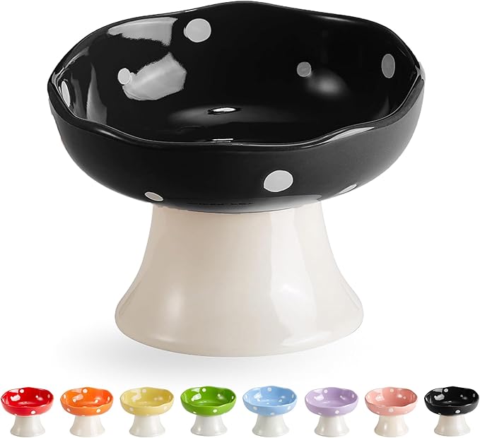 Black Mushroom Cat Bowl, Elevated Ceramic Bowl for Cats | Elevated, Ceramic, Whisker Friendly, Anti Vomitin,Cute Mushroom Design
