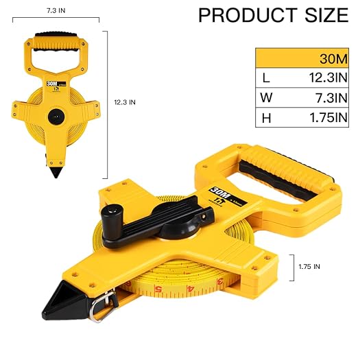Open Reel Fiberglass Tape Measure, Tape Measure 100 ft by 1/2-Inch, Inch/Metric Scale for Engineer,Outdoor, Athletic Field, Impact Resistant ABS Shell (100FT/30M