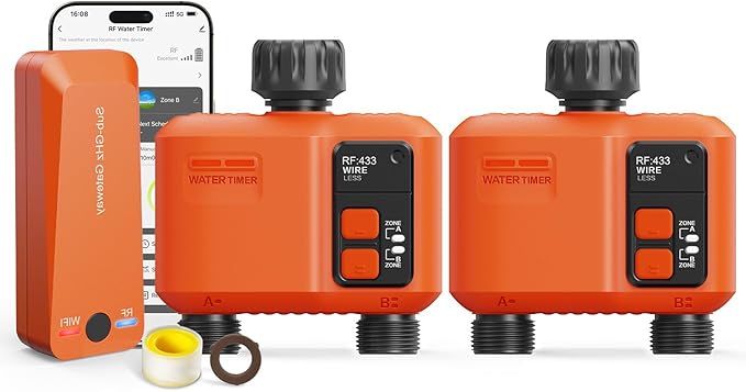 WiFi Water Timer for Garden Hose with 984 ft Range,Smart 2- Zone Sprinkler Timer, APP & Remote Control, Voice Control,Rain Delay, Manual Mode Sprinkler System, Lawn Sprinklers for Yard Large Area