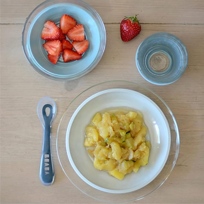 BEABA 3-Piece Glass Meal Set with Suction Pad, Toddler Plate and Baby Bowls with Suction, Non Slip Kids Dinnerware Set, 2.5x Stronger than Regular Glass, (Rain)