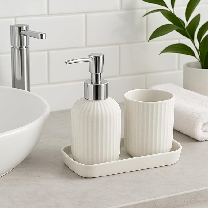 Bigining® Bathroom Accessory Set – 3pc Set Modern White Pump Bottle Plastic Toothbrush with Tray | Liquid Soap Dispenser & Toothbrush Holder Combo for Countertop Tumble