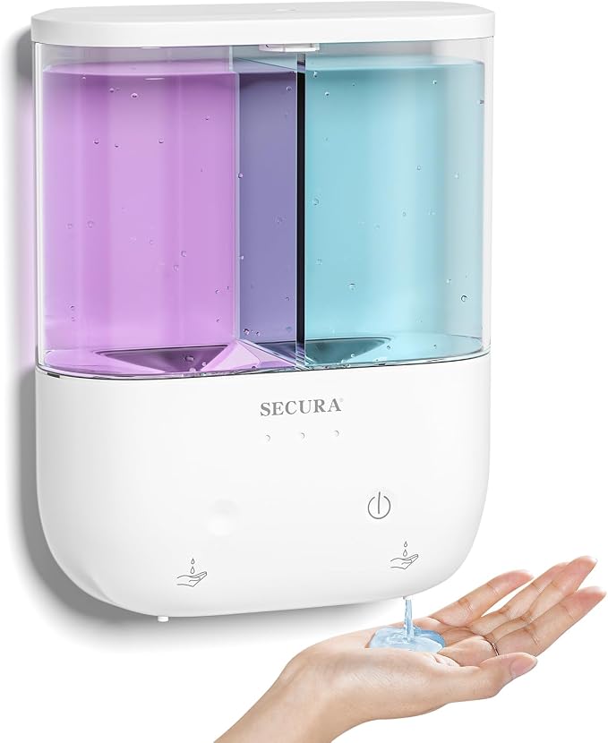 Secura Brands Touchless Wall Mounted Dual Automatic Soap Dispenser – 2 x 17 fl oz. Chambers Rechargeable Liquid Soap Dispenser Prefect for Bathroom & Kitchen (White)