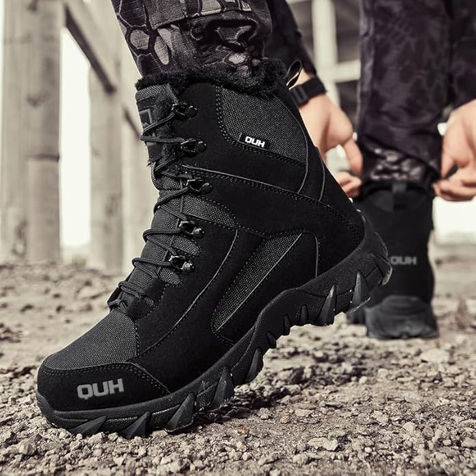 QUH Winter Snow Boots Waterproof Military Training Fur Lined Anti Slip Warm Boots Thickened Cotton Walking Ankle Boots For Man