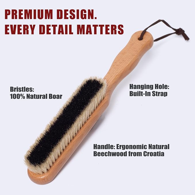 Lint Brushes for Clothes, 100% Natural Boar Bristle Clothes Brush for Cashmere & Wool, Cashmere Comb & Sweater Comb, Removes Fibres & Pet Hair, with Hanging Hole & Straps, Includes Cleaning Comb