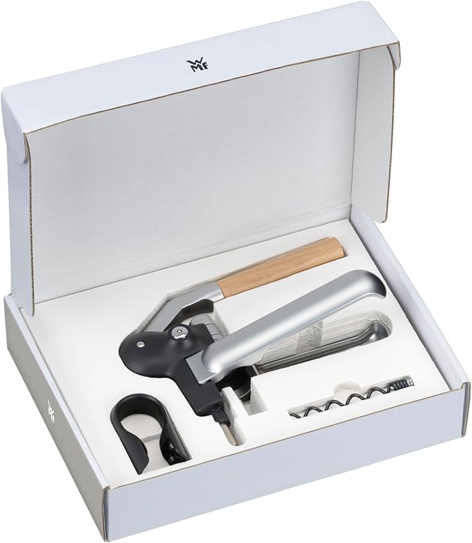 WMF Baric Lever Corkscrew Wine Opener, 19 x 11 x 15 cm, Die-cast Metal and Beech Wood, Effortless Operation, Wine Bottle Opener