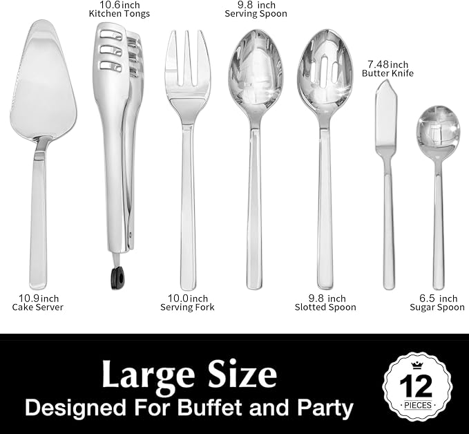 12 piece Large Hostess Serving Utensils Set,18/10 Stainless Steel | Heavy Duty Serving Spoons, Slotted Spoons, Forks, Tongs, Cake Pie Server, Butter Knife,Sugar spoon for Buffet, Wedding, Party