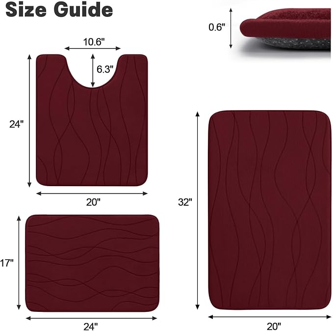 YIHOUSE Bathroom Rugs Set 3 Piece, Memory Foam Bath Mat Red | Ultra Soft, Absorbent, Non-Slip, Machine Washable, for Bathroom, Sink and Toilet