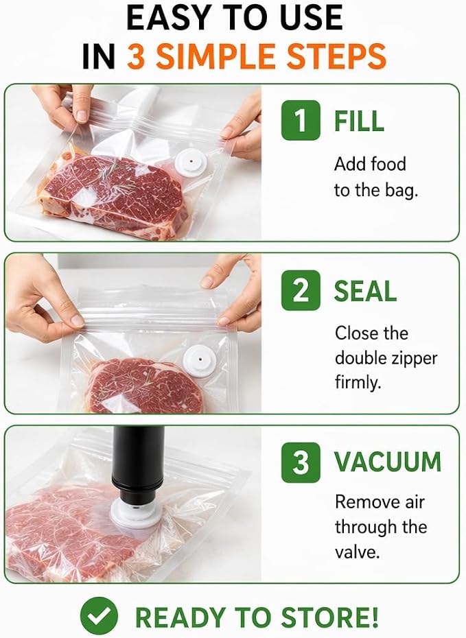 Vacuum Sealer Bags for Food, 60 Pcs Reusable Food Storage Bags, S+M+L Sizes, Air Valve Zipper Bags for Meal Prep, Freezer, Sous Vide & Microwave Storage