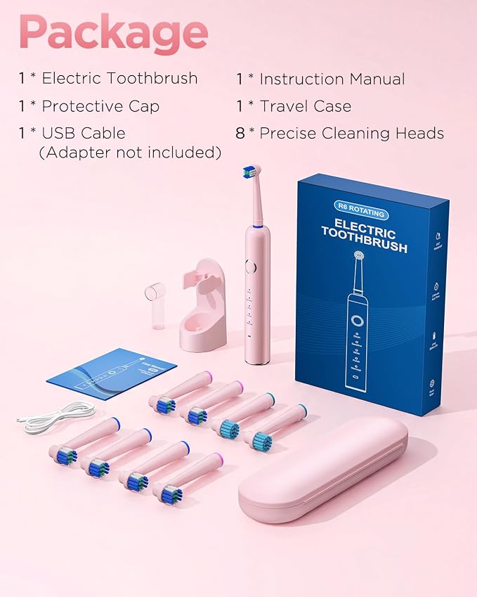 Rtauys Rotating Electric Toothbrush for Adults with 8 Brush Heads (2 Types), 5 Modes Rechargeable Power Toothbrush with Travel Case and 2 Minute Smrte Timer (Pink)