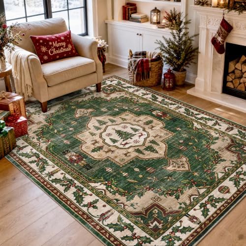 Engiw Christmas Rug 5x7 Area Rug, Washable Non-Slip, Soft Low Pile Carpet, Christmas Decorations for Living Room, Bedroom, Kitchen, Hallway, Entryway and Under Christmas Tree