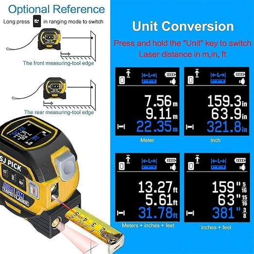Voice Intelligent Tools 3-in-1 Laser Tape Measure ，Digital Measuring Tape Ruler-LCD Backlight 5M/16Ft Tape & Laser 100m/328Ft Rangefinder，Crosshairs Markings，Data Storage (Yellow, 100m/328ft)