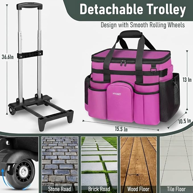 Ytonet Cleaning Caddy with Wheels, X Large Rolling Caddy Bag with Detachable Trolley for Housekeepers, Water Resistant Cleaning Cart Supplies Organizer for Home, Car, Tool Organizer, Mobile Storage