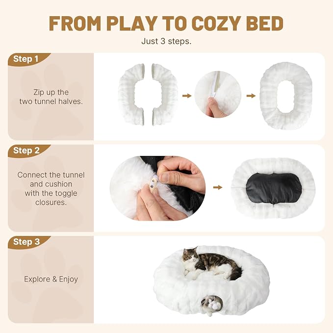 Extra Large Cat Tunnel, 47.2in Luxury Tunnel for Large Cats, Extra Long Bubble Fleece Big Cat Tunnel for Cats with Washable Mat, Skin-Friendly Large Tunnel for Cats, Puppy, Rabbits White