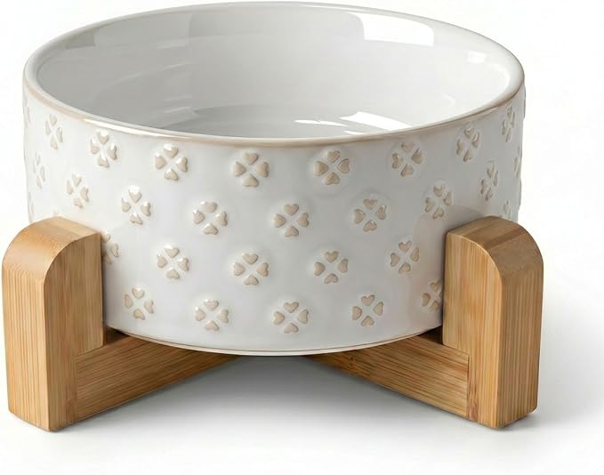 TRUVIC Ceramic Dog Bowl with Wood Stand, Jun Blanc Four-Leaf Clover Relief Dog Food and Water Bowl, 2 Cup/14 oz Puppy Food Bowl for Medium Dogs, Dishwasher Safe, Modern Geometric, Four-Leaf Clover