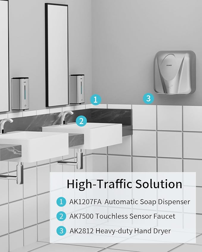 AIKE Automatic Foaming Soap Dispenser 33.8oz for Bathroom,Brushed AK1207FA | Rich Foam and Steel Finish,5-Level Adjustable and Key for Commercial(Battery Not Included),Screw Wall Mount for Space-Saving