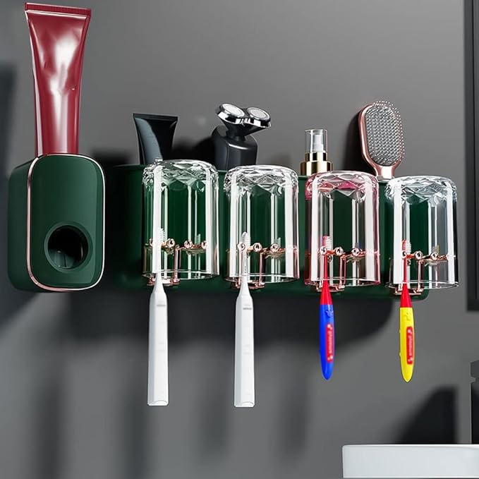 Toothbrush Rack Wall Mounted Toothbrush Holder Multifunctional Bathroom Storage Rack with Mouthwash Cup, Toothpaste Squeezer Kit Bathroom Toothbrush Holder(E)