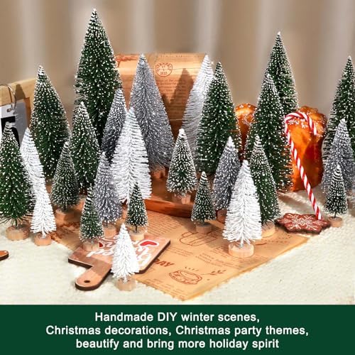 30Pcs Mini Christmas Trees Artificial Christmas Tree Bottle Brush Trees with Wooden Base for Christmas Decor Party Home Table Craft Decorations(Green+Silver+White)