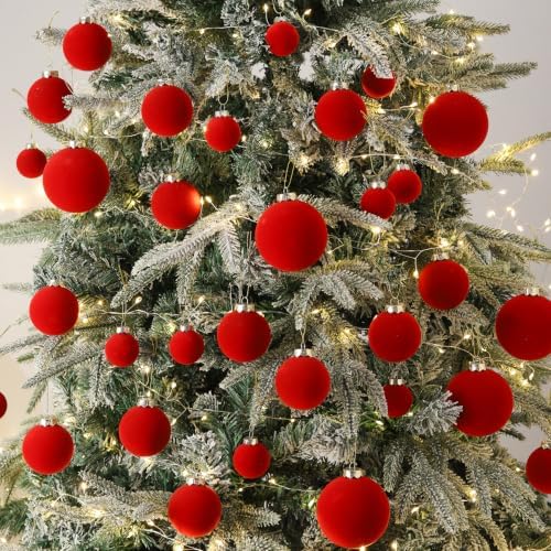 Red Velvet Christmas Ball Ornaments-46pcs Flocked Xmas Tree Decorations