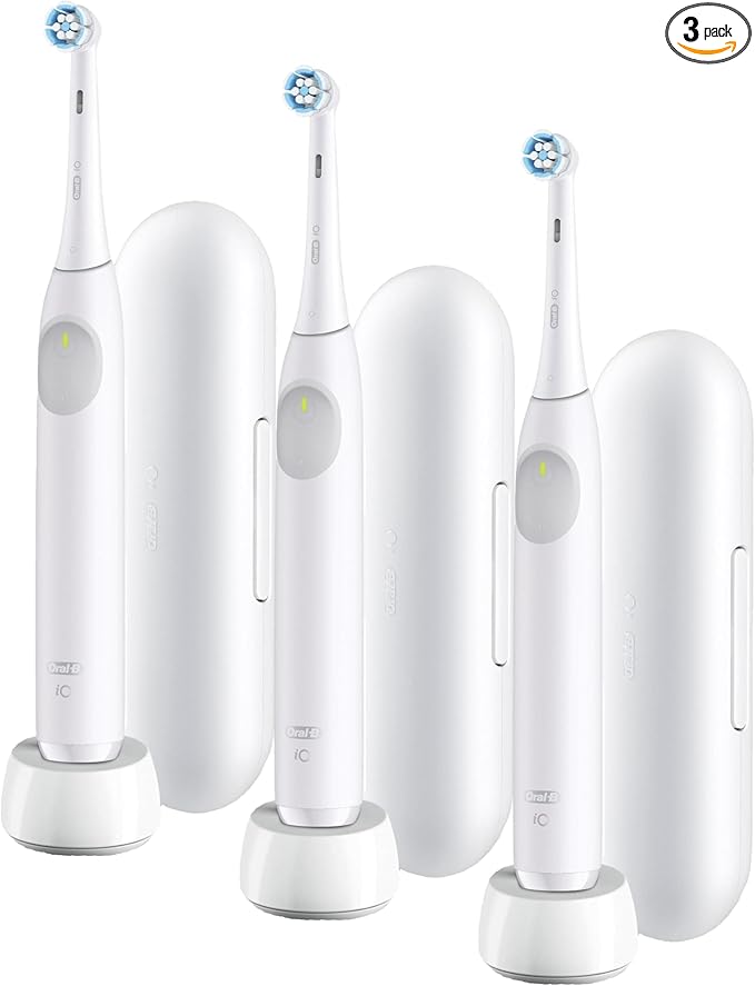 Oral-B Rechargeable Electric Toothbrush, iO Limited Simple Clean, 3 Cleaning Modes, Automatic Pressure Sensor to Protect Gums, Travel Case, White (Pack of 3)
