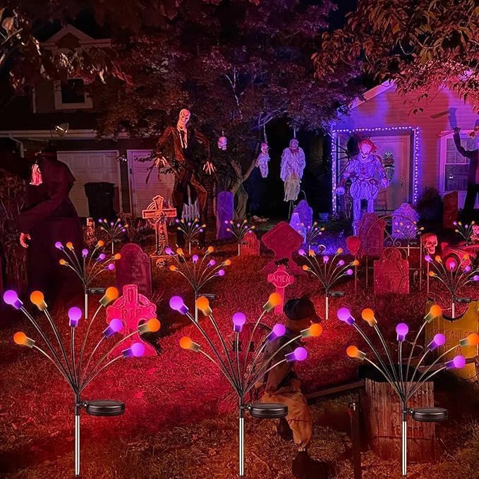 OZS 6Pack 48LED Solar Firefly Halloween Lights Outdoor for Party Decor | Purple Orange Lights for Halloween Decorations, Swaying Firefly Effect, IP65 Waterproof, 2 Modes for Path Garden Yard