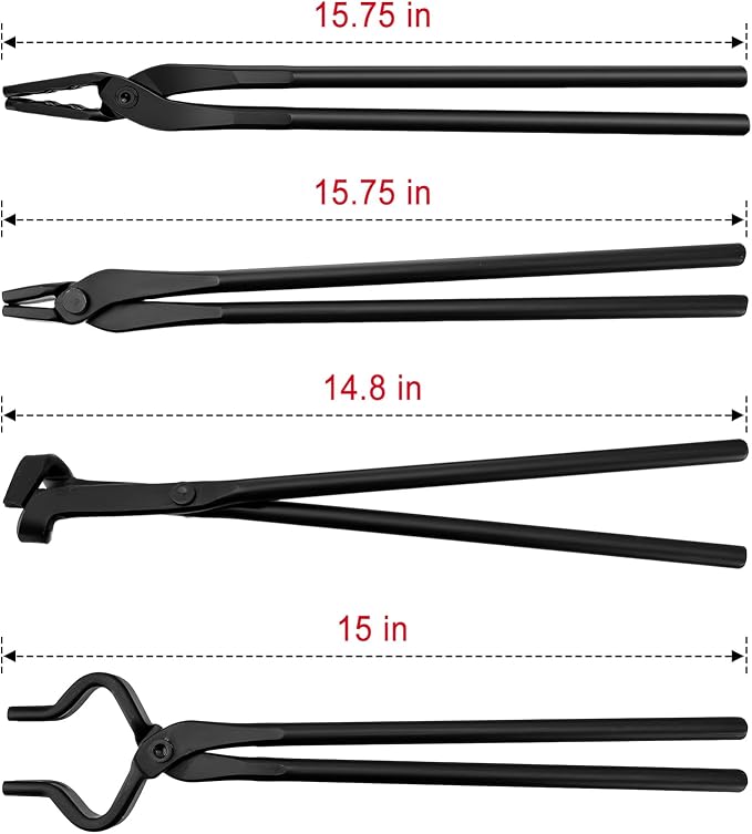 Blacksmith Tongs Set 4PCS, V-Bit Blade Tongs, Flat Tongs, Blade Tongs and Wolf Jaw Tongs for Knife Making, Bladesmithing and Blacksmithing Tool - Heavy Duty Steel, Heat-Resistant for Forging