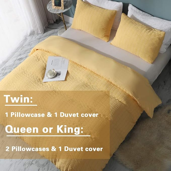 AveLom Yellow Duvet Cover King (104 x 90 inches), 3 Pieces (1 Duvet Cover + 2 Pillow Cases), Seersucker Textured Ultra Soft Washed Microfiber, Textured Duvet Cover with Zipper Closure, Corner Ties