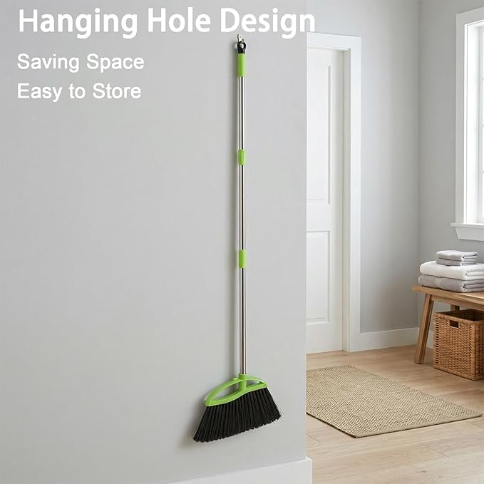 3 Packs Indoor Brooms Green Angle Broom Soft Bristles Long Handle for Hardwood Floor Sweeping