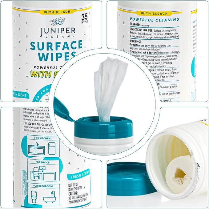 Juniper CLEAN 1 Pack Surface Cleaning Wipes with Bleach, All-Purpose Cleaner for Bathroom, Kitchen, Office, 35 Count Canister, 7.5" x 7" Sheet, Fresh Scent, Lint Free & Durable