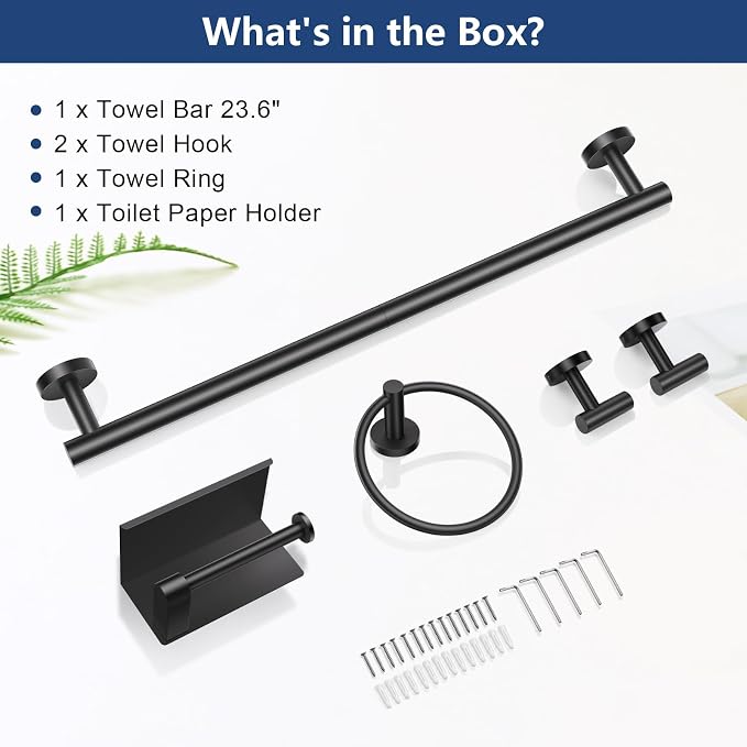 TQKAG 5 Piece Bathroom Towel Bar Holder Sets Matte Black Bathroom Hardware Set Stainless Steel Toilet Paper Holder with Shelf Bathroom Accessories Kit Wall Mounted
