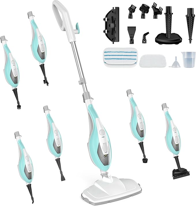 DUMOS 10-in-1 Multifunctional Steam Mop, 1550W Detachable Handheld Steam Cleaner, 16FT Power Cord with 2 Reusable Pads, Floor Steamer for Hardwood, Tile, Carpet, Grout, Windows