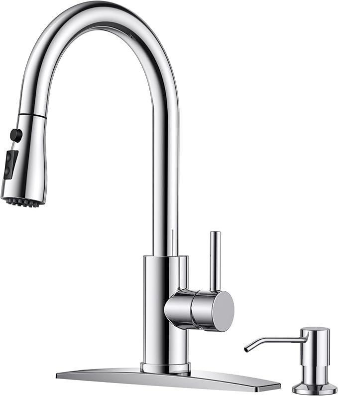FORIOUS Kitchen Faucets with Soap Dispenser and Pull Down Sprayer, Chrome, Bar High Arc Single Handle Classic 3 Modes Stainless Steel Faucet for Kitchen Sink Farmhouse RV Laundry Camper