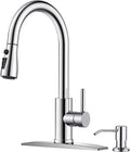 FORIOUS Kitchen Faucets with Soap Dispenser and Pull Down Sprayer, Chrome, Bar High Arc Single Handle Classic 3 Modes Stainless Steel Faucet for Kitchen Sink Farmhouse RV Laundry Camper