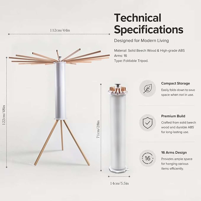 Foldable Clothes Drying Rack, Laundry Drying Rack Collapsible, 16-Pole Solid Beech Wood Tripod Clothes Drying Rack, Portable Clothes Drying Rack, Indoor/Outdoor Clothes Drying Rack