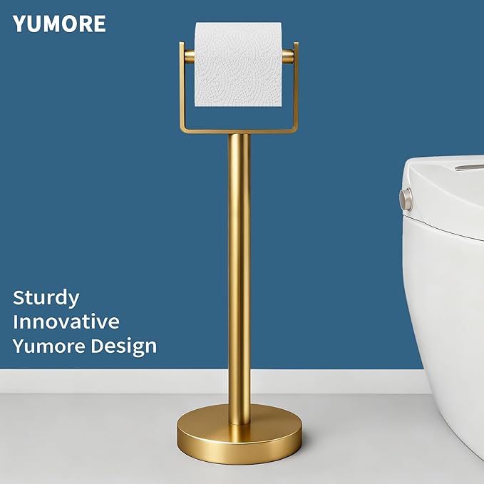 YUMORE Toilet Paper Holder Free Standing, Stainless Steel Toilet Paper Stand, Weighted Base Floor Tissue Roll Holder for Bathroom,Gold 200UP