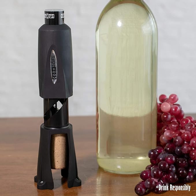 Cork Pops Legacy Wine Opener Built-in 4-Blade Foil Cutter Safe Cork Removal, Effortless Push Button Use, Needle Guard for Safety, Low-Pressure Cartridge Opens Up To 60 (Black, With 3 Cartridges)