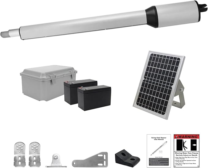 X X-HOUSE C05 Automatic Gate Opener with Solar Panel & Batteries for Medium Duty Single Swing Gates Up to 770lb Arm, 24V Motor Solar Powered Electric Gate Opener with 2 Remotes Complete Kit