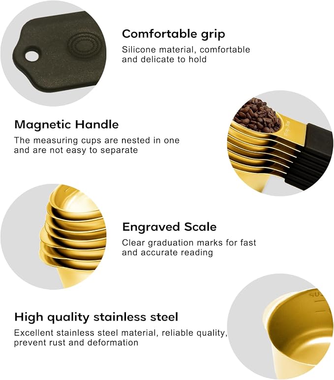 Magnetic Measuring Cups and Spoons Set, Including 7 Stainless Steel Nesting Gold Measuring Cups & 8 Magnetic Gold Measuring Spoons with 1 Leveler for Cooking & Baking