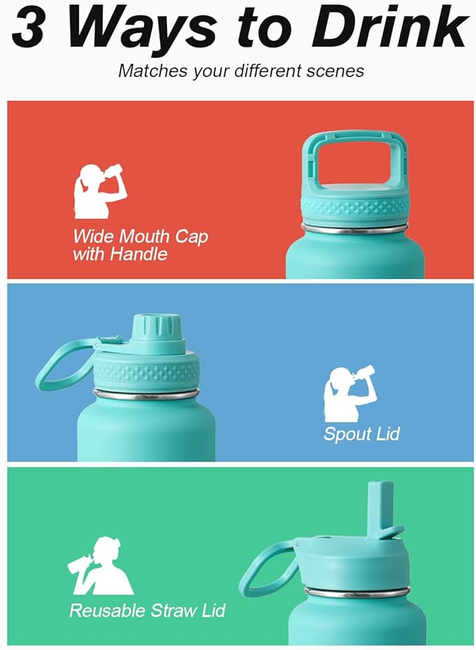 Coolflask Water Bottle 32 oz Insulated with Straw, Stainless Steel Metal 3 Lids Water Flask Wide Mouth for Sports or Office, Non-BPA Keep Cold Up to 48 Hrs or Hot Up to 24 Hrs, Pacific Prince