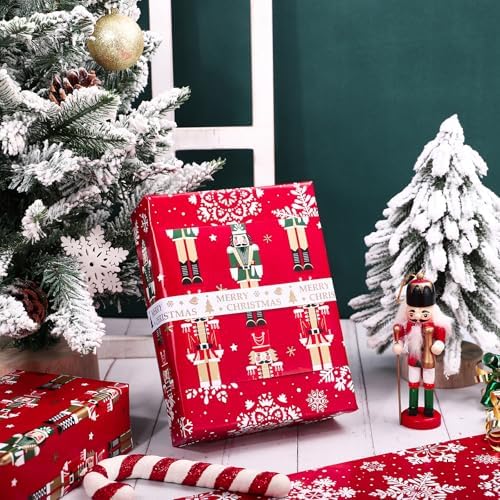 WRAPAHOLIC 30 Inch Jumbo Reversible Nutcracker Christmas Wrapping Paper - 30 Inch x 100 Feet Jumbo Roll Red Nutcracker and Snowflake Wrapping Paper for Christmas, Holiday, Party