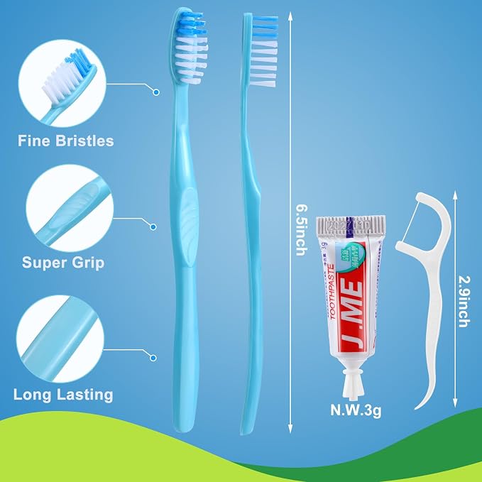 FoldTier 300 Sets Disposable Toothbrushes with Toothpaste and Floss Bulk Individually Wrapped 10g Toothpaste Homeless Hygiene Kit Bulk Homeless Care Package Supply for Travel Shelter (Blue,Pink)