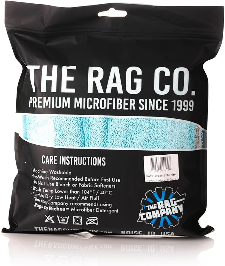 The Rag Company, The Liquid8r, Absorbent 70/30 Blend Microfiber Drying Towel for Cars, Trucks, and SUVs, Safe for Detailing, Scratch-Free, Twist Loop, 1100 GSM, 16x16 Inches, Aqua Blue/Grey, 2-Pack